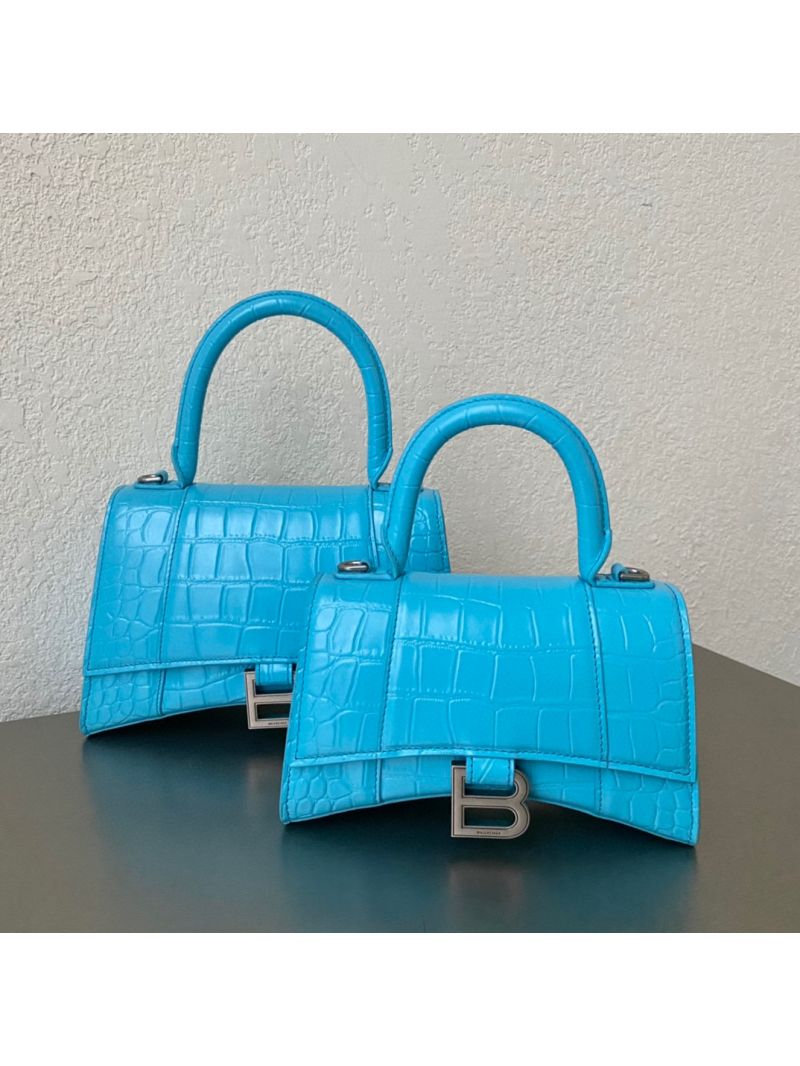 Balenciaga Hourglass Top Handle Bag In Shiny Crocodile Embossed Calfskin 5935461 Azur