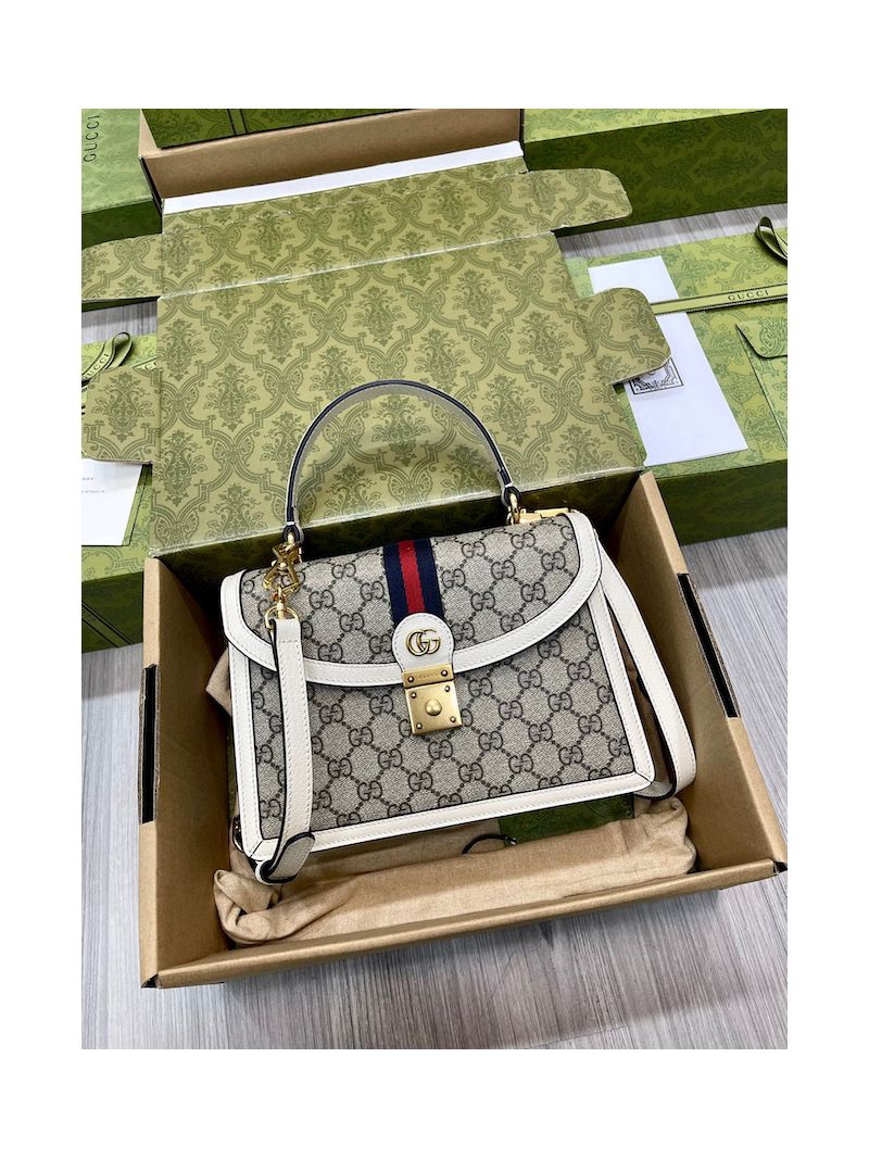 Gucci Ophidia Small Top Handle Bag With Web 651055 Beige GG Canvas White