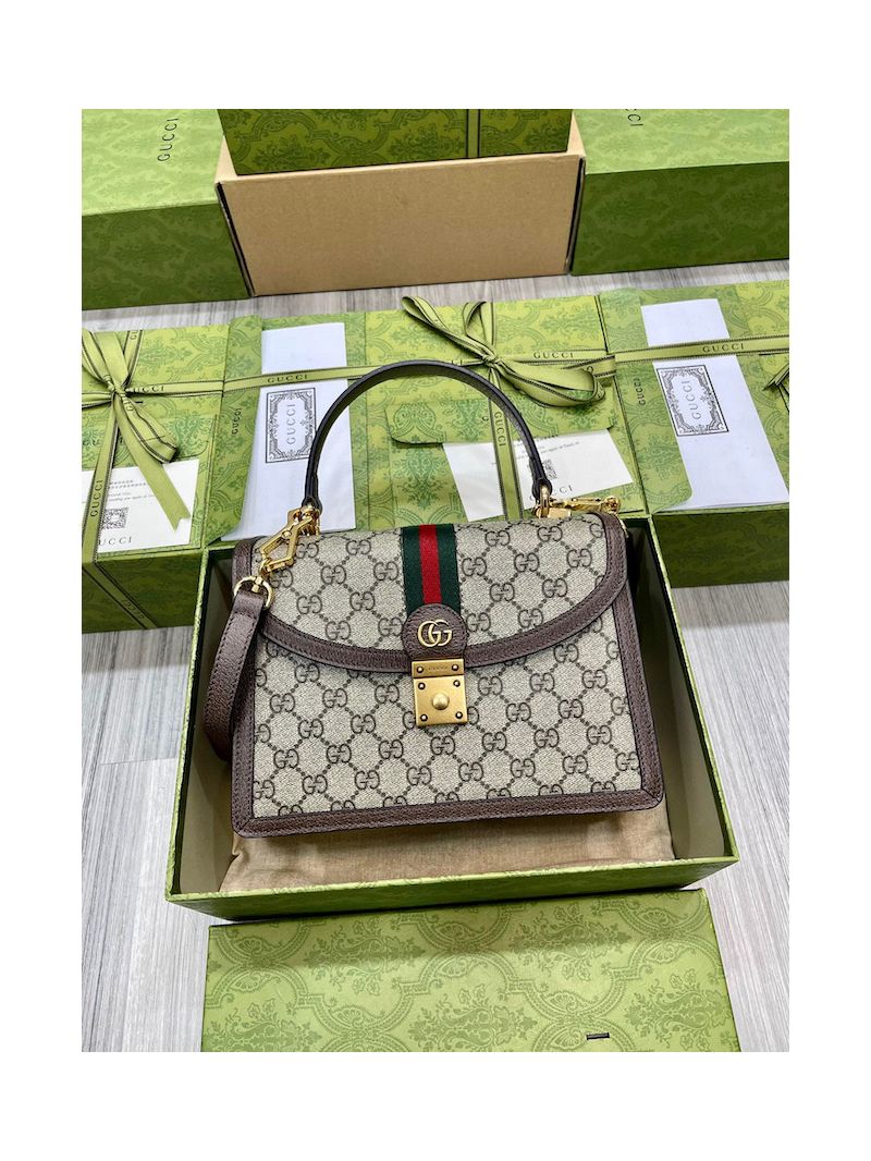 Gucci Ophidia Small Top Handle Bag With Web 651055 Beige GG Canvas