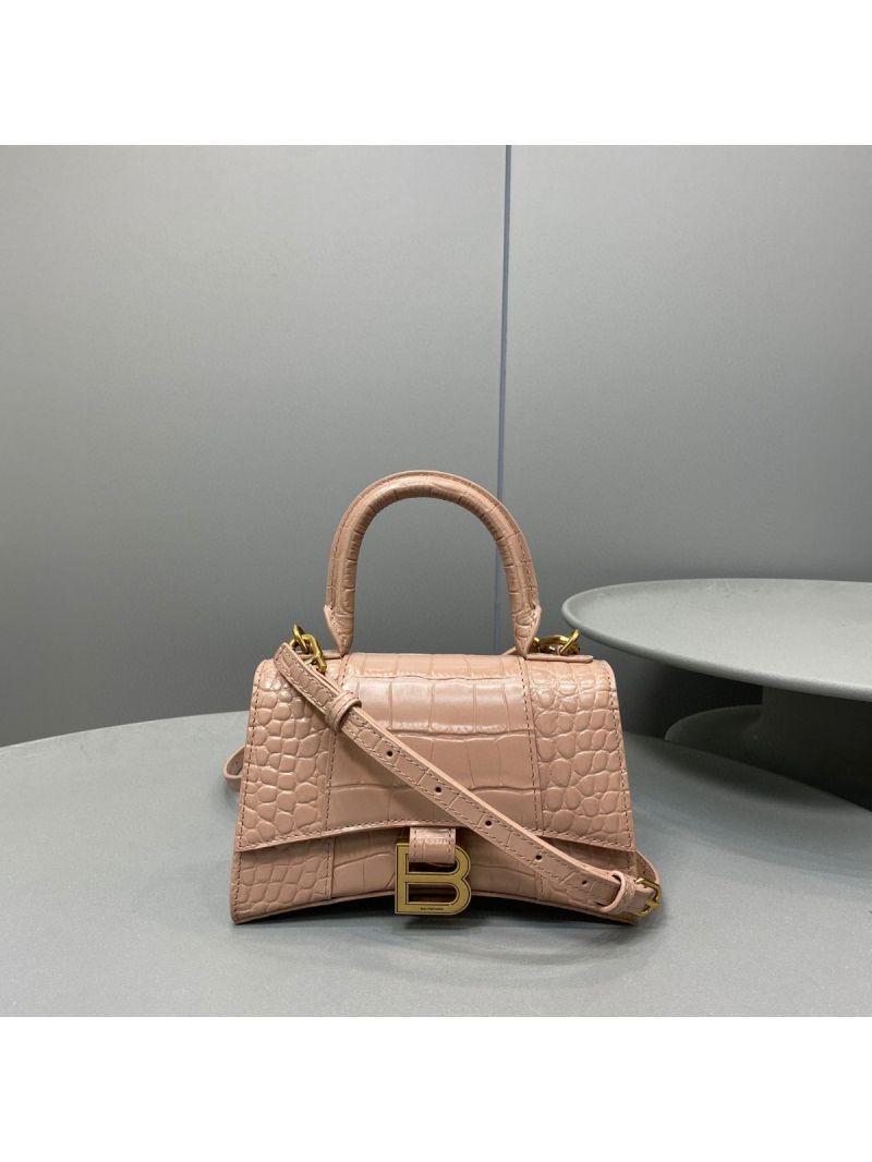 Balenciaga Hourglass Top Handle Bag In Shiny Crocodile Embossed Calfskin 5935461 Beige