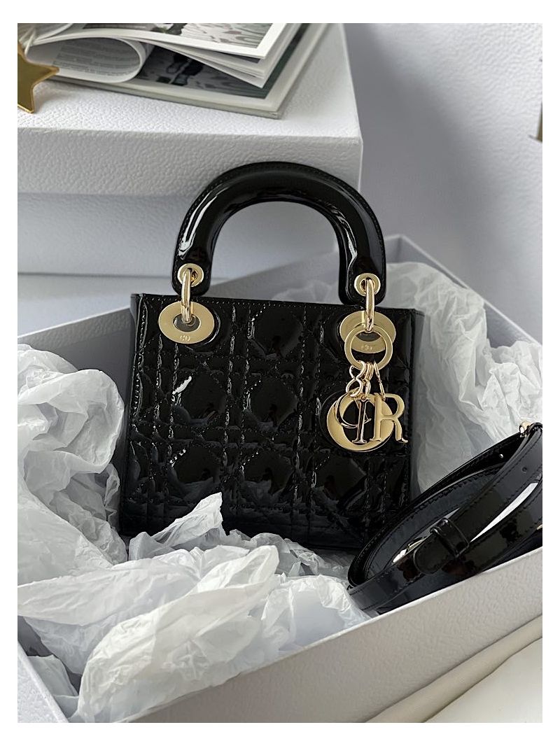 Christian Dior Quilted Black Patent Leather Lady Dior Bag 