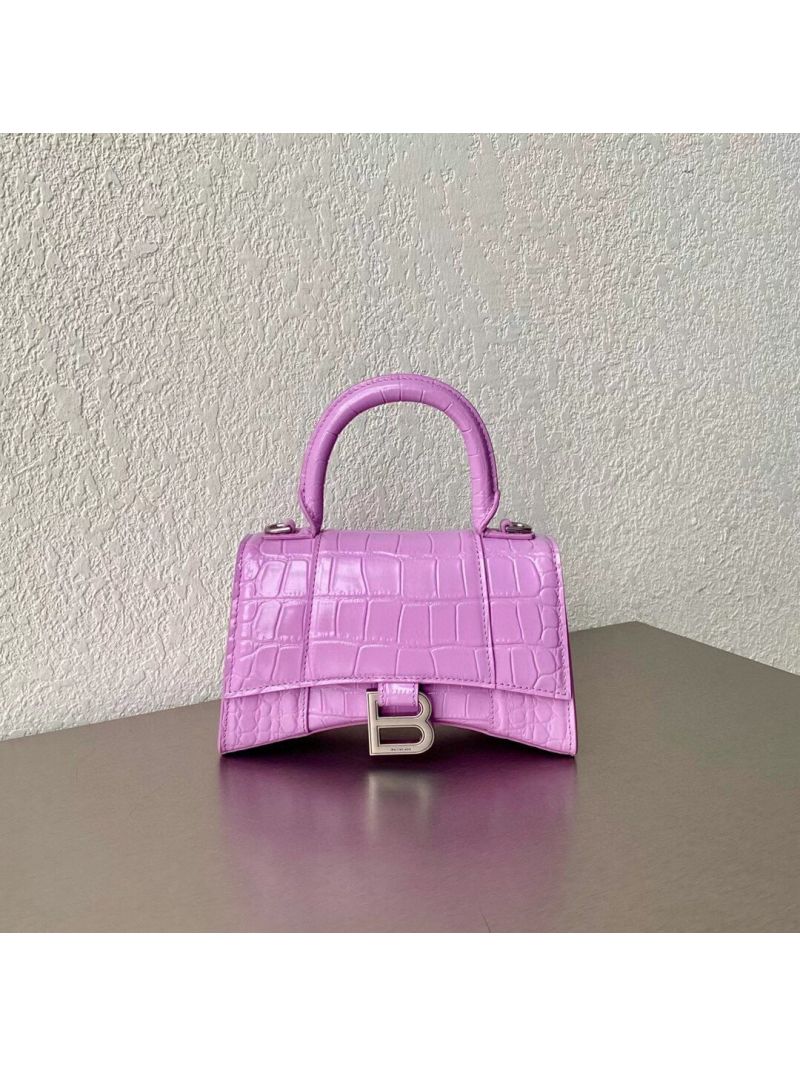 Balenciaga Hourglass Top Handle Bag In Shiny Crocodile Embossed Calfskin 5935461 Lilac