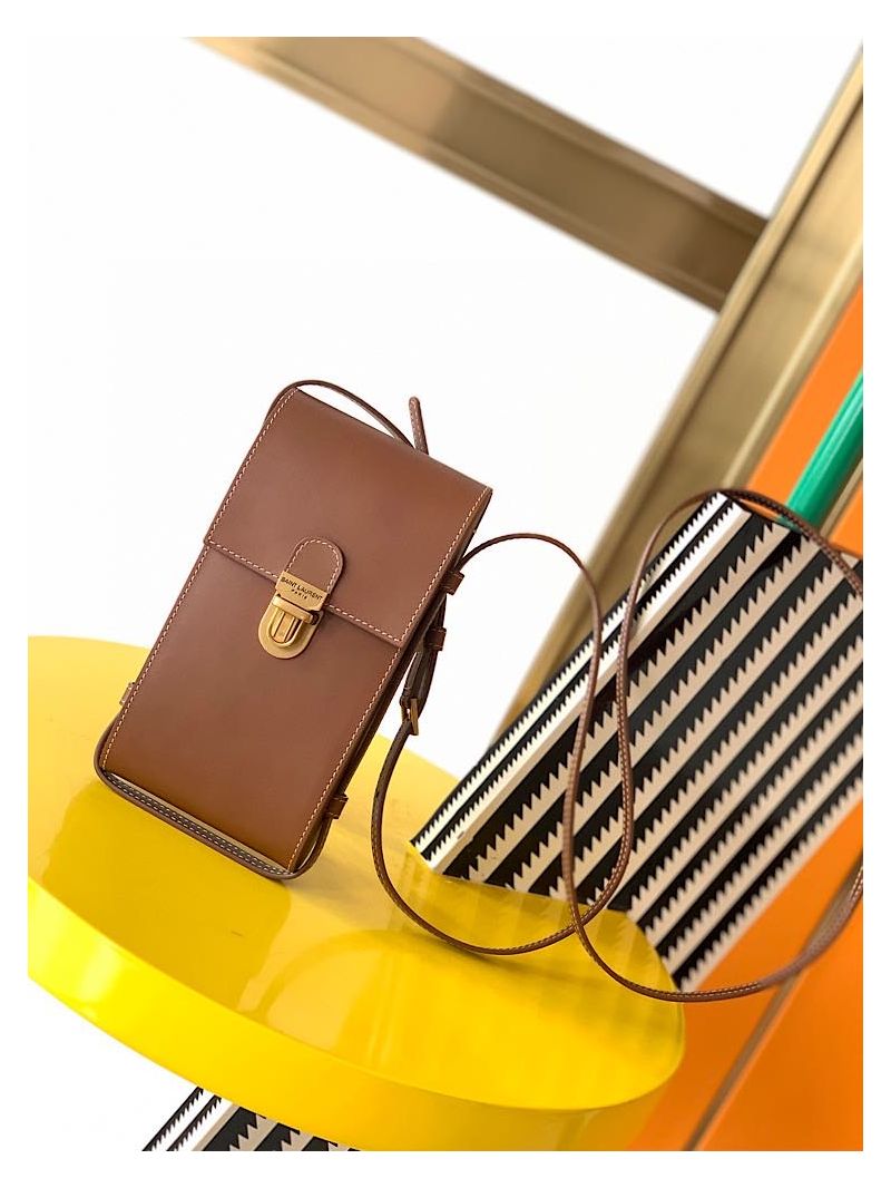 YSL Saint Laurent Tuc Phone Pouch With Strap In Supple Calfskin 6677182 Brown