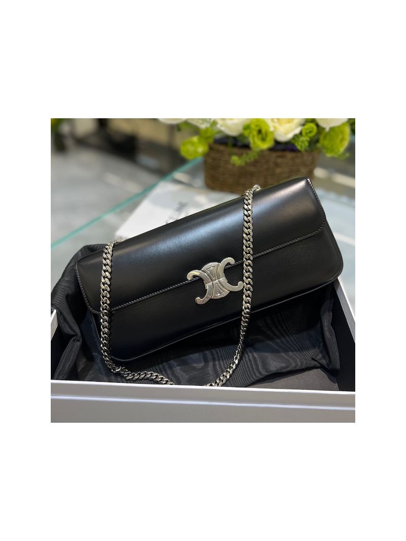 Celine Chain Bag Triomphe In Shiny Calfskin 197413 Black with Silver hardware