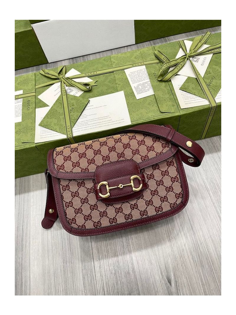 Gucci Horsebit 1955 Small Bag Beige and burgundy GG canvas 602204