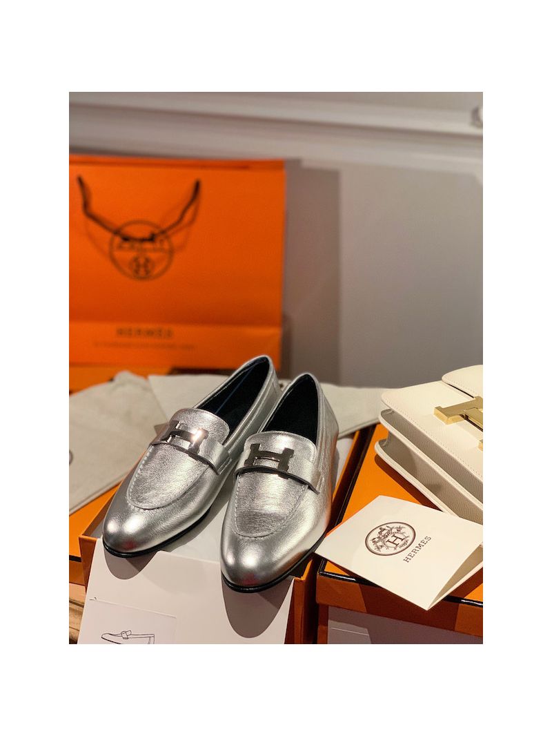 Hermes Paris Loafer in Metallic Goatskin H182182 Gris Argenté