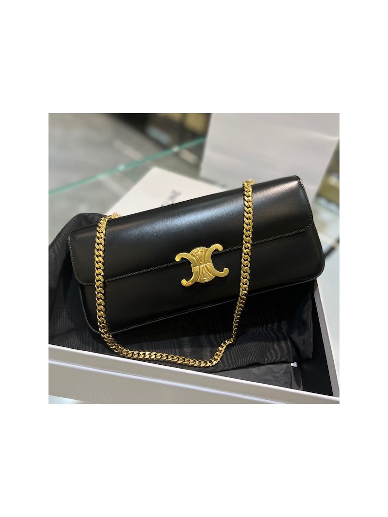 Celine Chain Bag Triomphe In Shiny Calfskin 197413 Black with Gold hardware