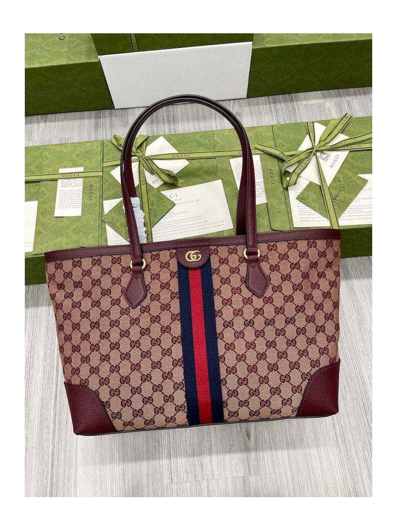 Gucci Ophidia Medium Tote With Web Beige and burgundy GG canvas 631685