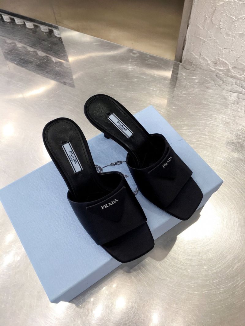 Prada Brushed Leather Mid-heeled Slides 1XX590 Black Satin