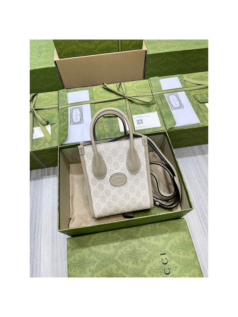 Gucci Mini Tote Bag With Interlocking G 671623 Beige White GG Supreme Oatmeal