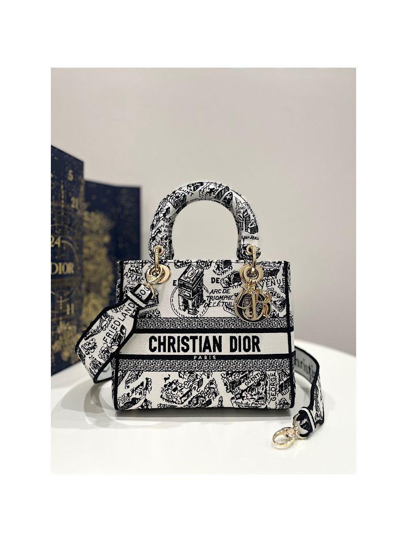Dior Medium Lady D-Lite Bag White and Black Plan de Paris Embroidery M0565