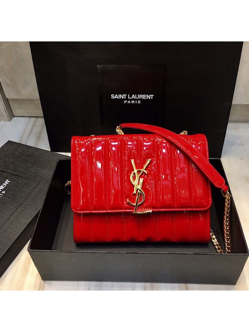 Saint Laurent YSL Vicky Chain Wallet In Quilted Patent Leather 554125 Red