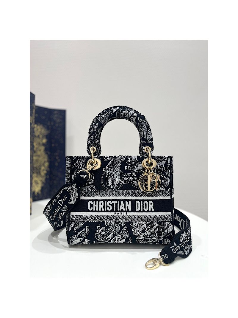 Dior Medium Lady D-Lite Bag Black and White Plan de Paris Embroidery M0565