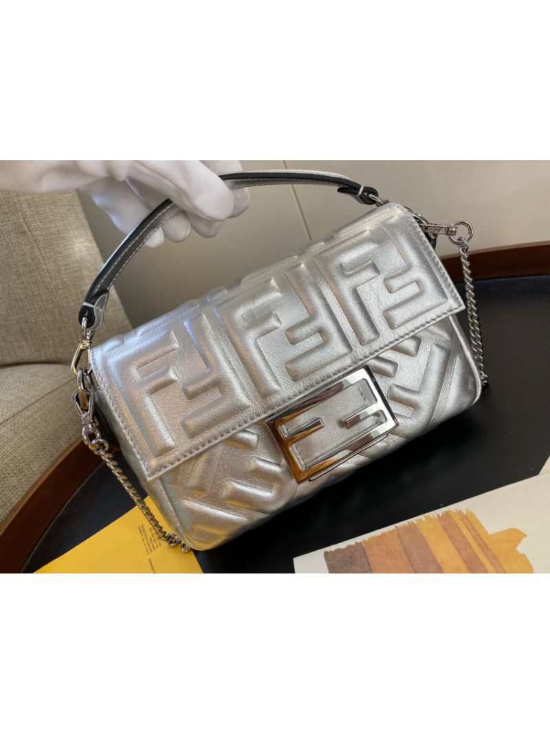 Fendi Baguette Mini / Medium Bag with FF Motif Mirror-effect Silver 8BR600 