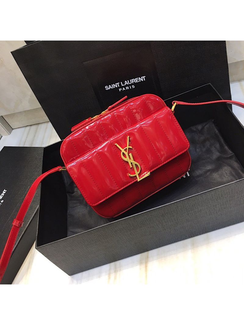 Saint Laurent YSL Vicky Camera Bag In Quilted Patent Leather 555052 Red