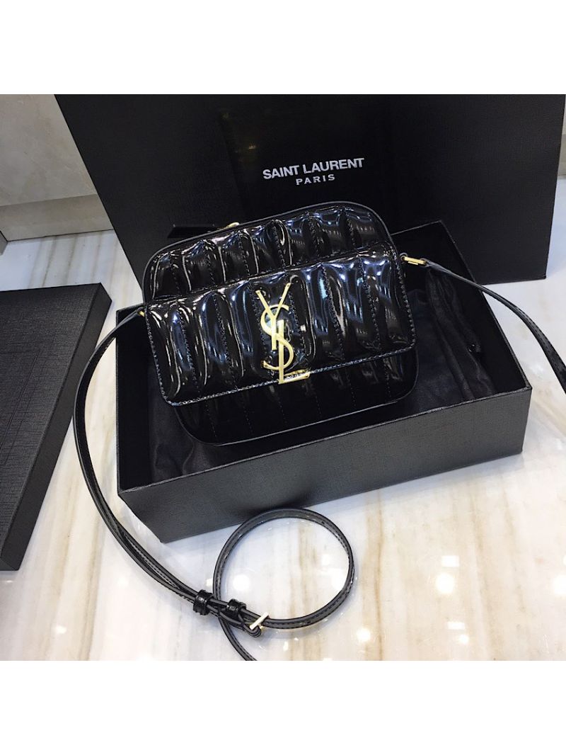 Saint Laurent YSL Vicky Camera Bag In Quilted Patent Leather 555052 Black