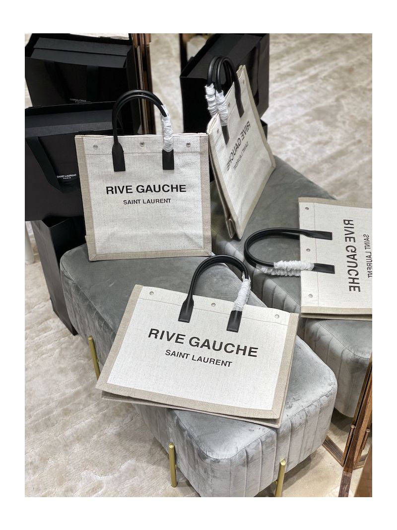 YSL Saint Laurent Rive Gauche Tote Bag In Linen And Leather 499290 White