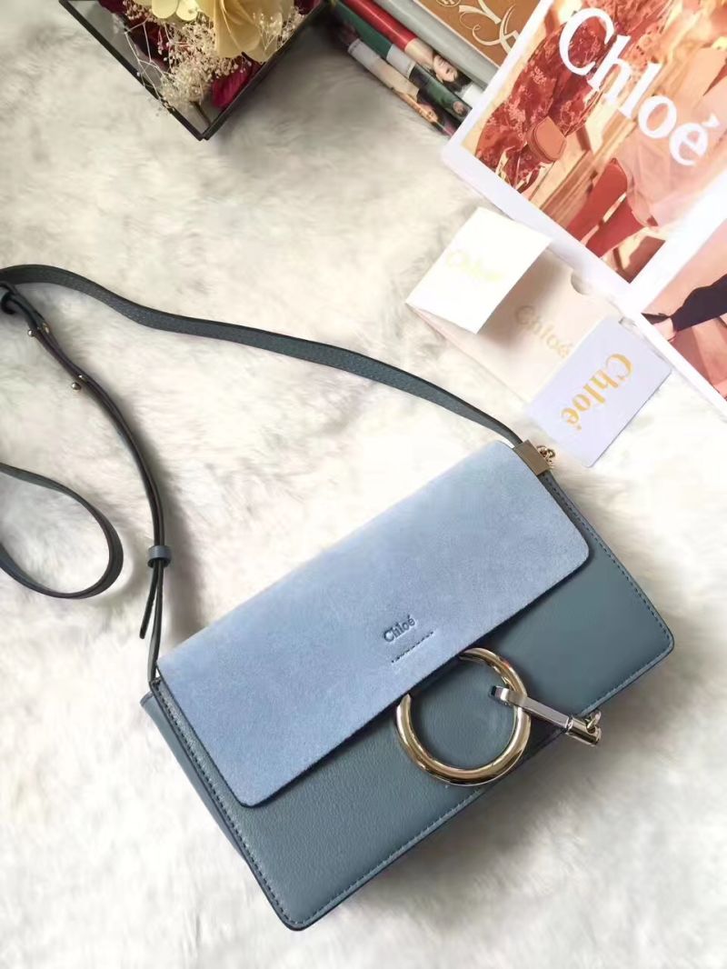 Chloe Faye Small shoulder bag in Suede and Smooth Calfskin ocean 