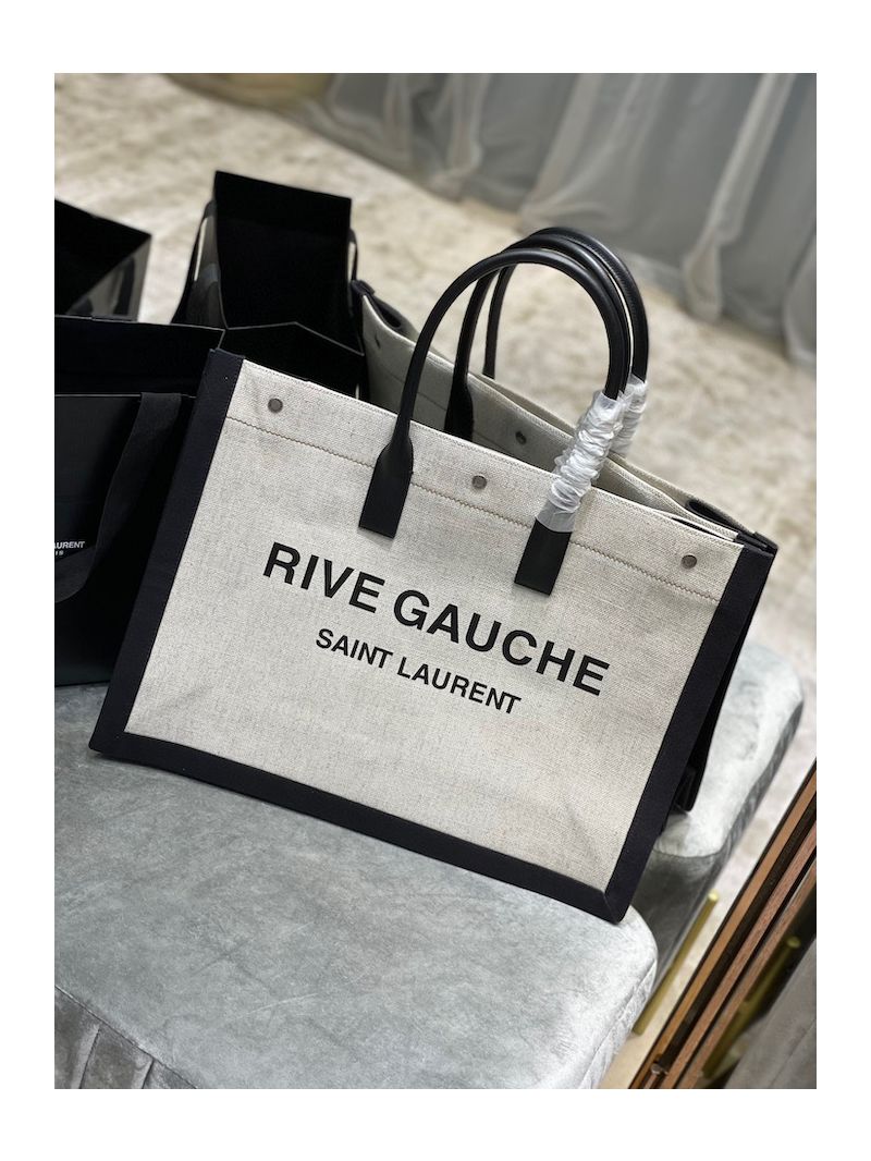 YSL Saint Laurent Rive Gauche Tote Bag In Linen And Leather 499290 Black White