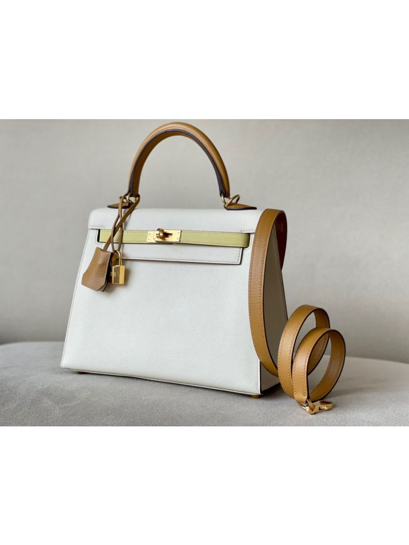 Hermes Kelly Epsom Tri-Color Craie w Brown w JaunePoussin Bag