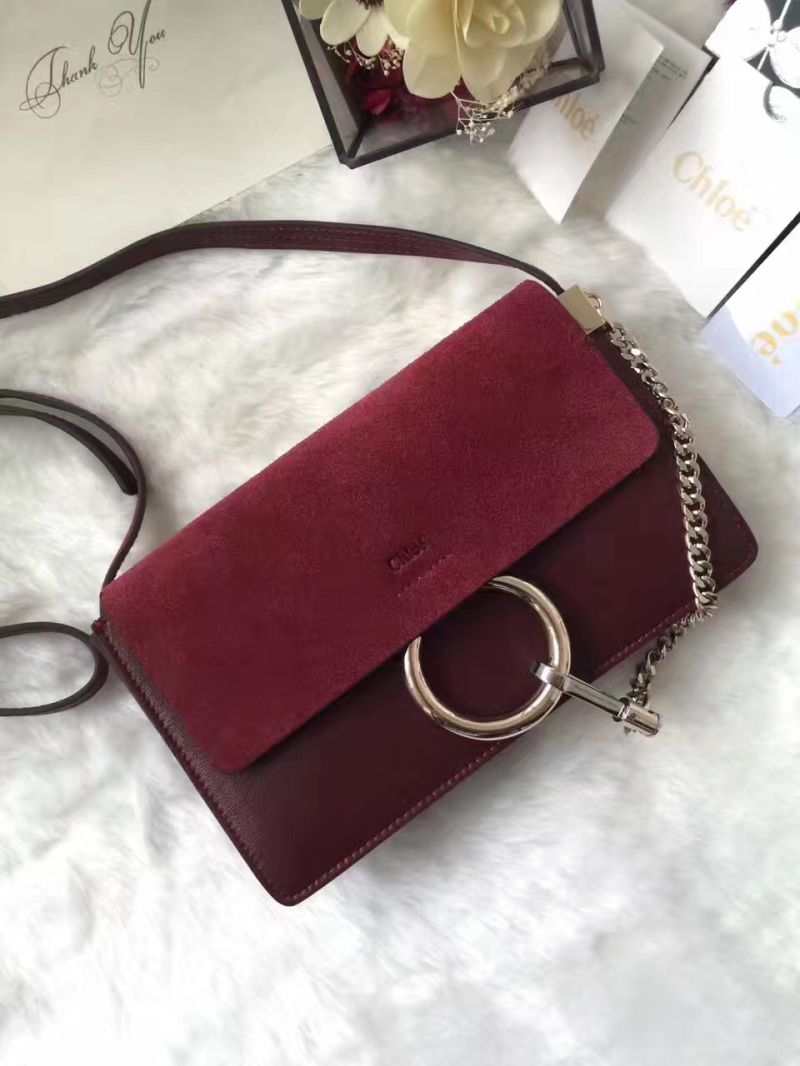 Chloe Faye Small shoulder bag in Suede and Smooth Calfskin Sienna Red