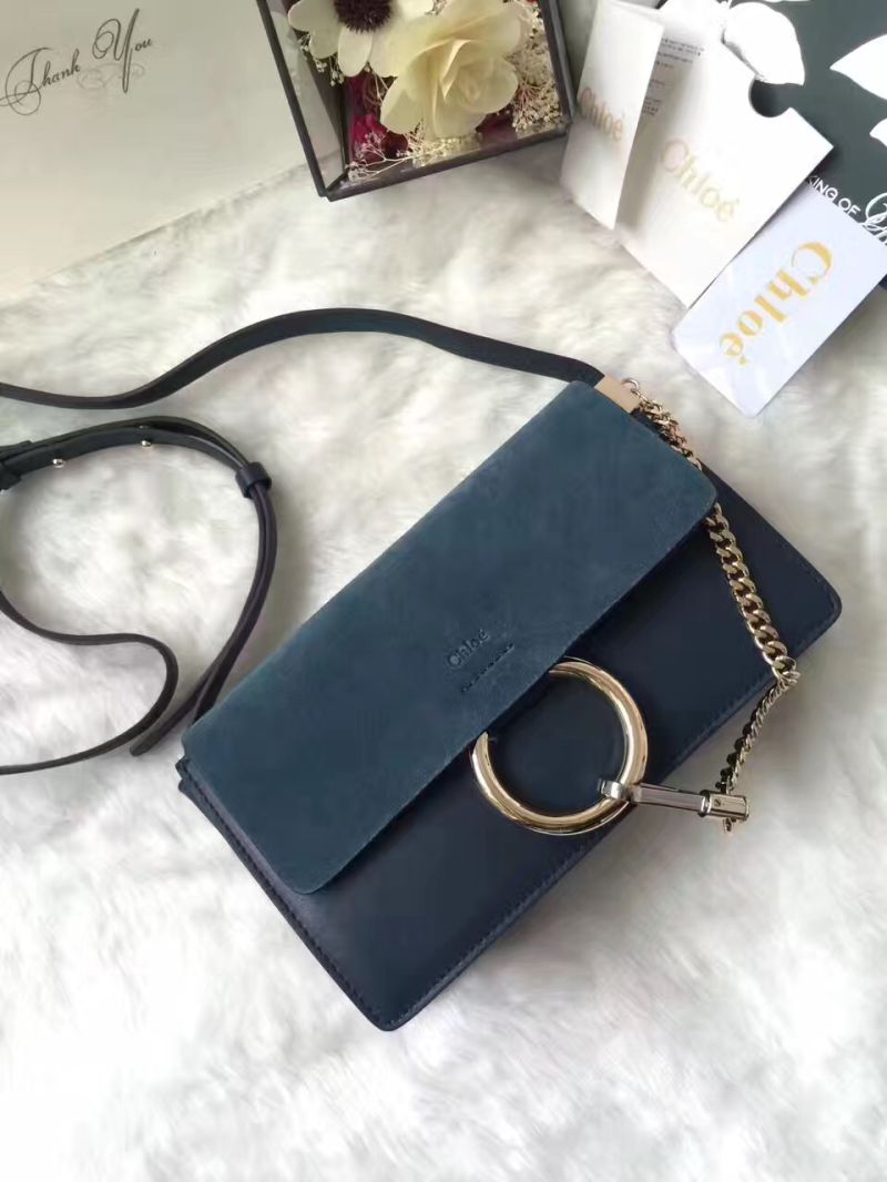Chloe Faye Small shoulder bag in Suede and Smooth Calfskin Navy blue
