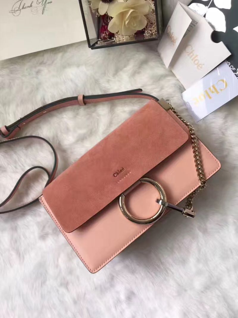 Chloe Faye Small shoulder bag in Suede and Smooth Calfskin Pink 