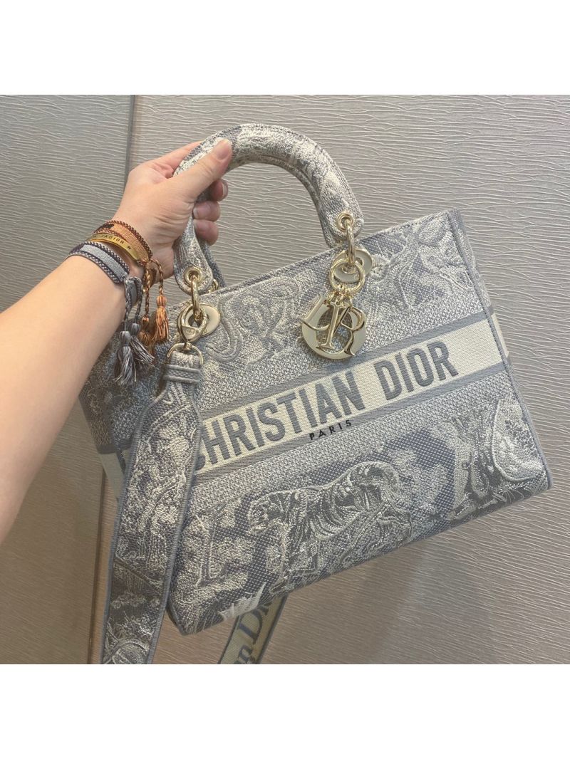 Dior Large Lady D-Lite Bag Gray Toile de Jouy Reverse Embroidery M0566