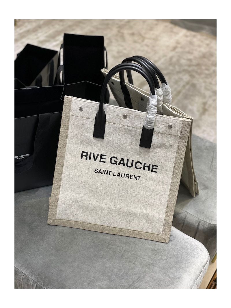 YSL Saint Laurent Rive Gauche N/s Shopping Bag In Linen And Cotton 631682 White