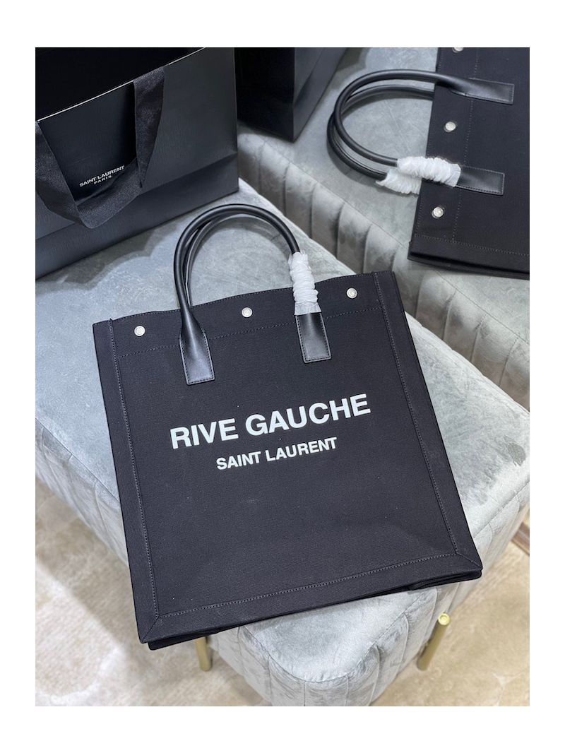 YSL Saint Laurent Rive Gauche N/s Shopping Bag In Linen And Cotton 631682 Black