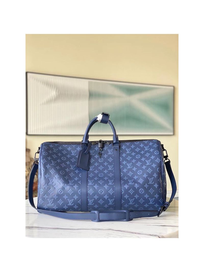 Louis Vuitton LV Keepall Bandoulière 50 Monogram Shadow Calfskin M45731 Blue