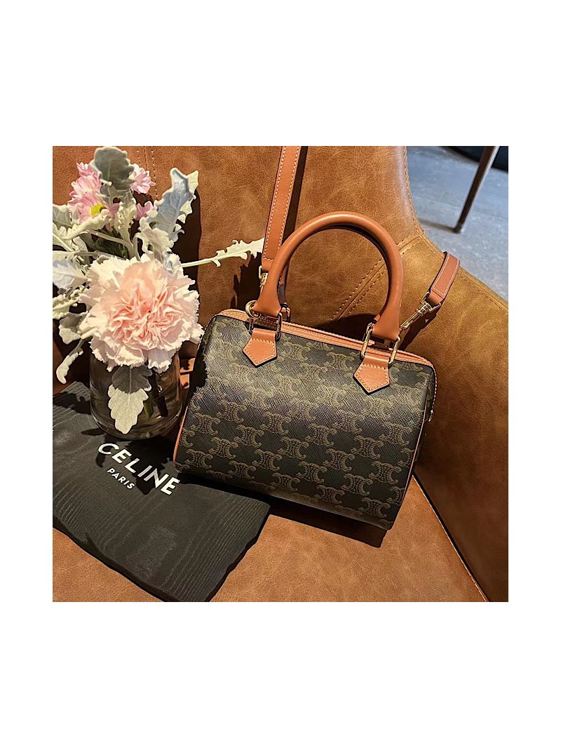 Celine Small Boston In Triomphe Canvas And Calfskin Tan 197582