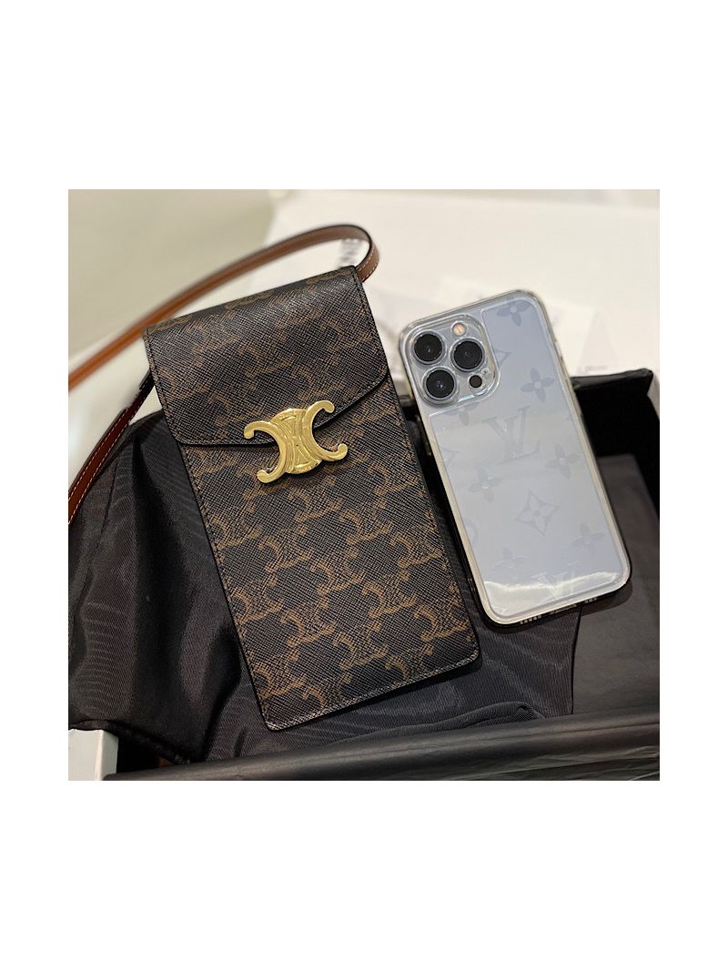 Celine Vertical Phone Pouch Triomphe In Triomphe Canvas And Calfskin Tan 10J092