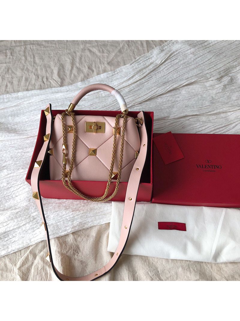 Valentino Small Roman Stud The Handle Bag In Nappa BSF098 Rose Cannelle