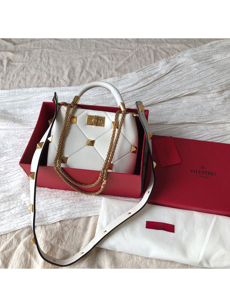 Valentino Small Roman Stud The Handle Bag In Nappa BSF098 White