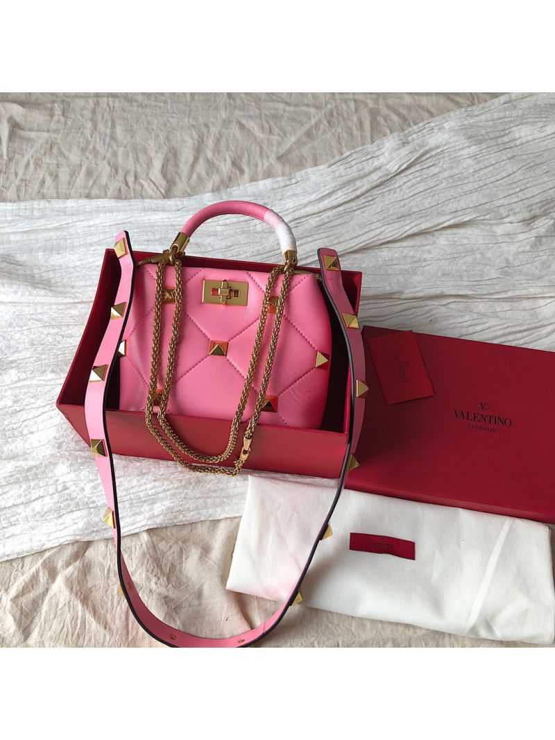 Valentino Small Roman Stud The Handle Bag In Nappa BSF098 Flamingo Pink
