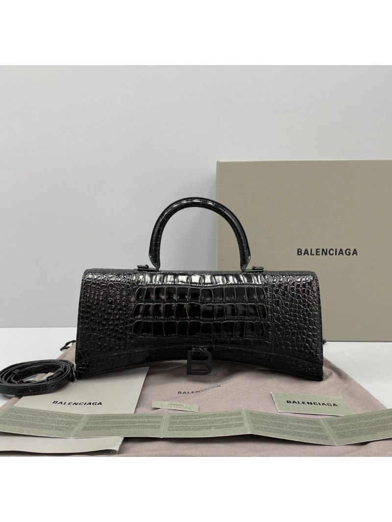Balenciaga Hourglass Stretched Top Handle Bag in Black Shiny Crocodile Embossed Calfskin 6549461