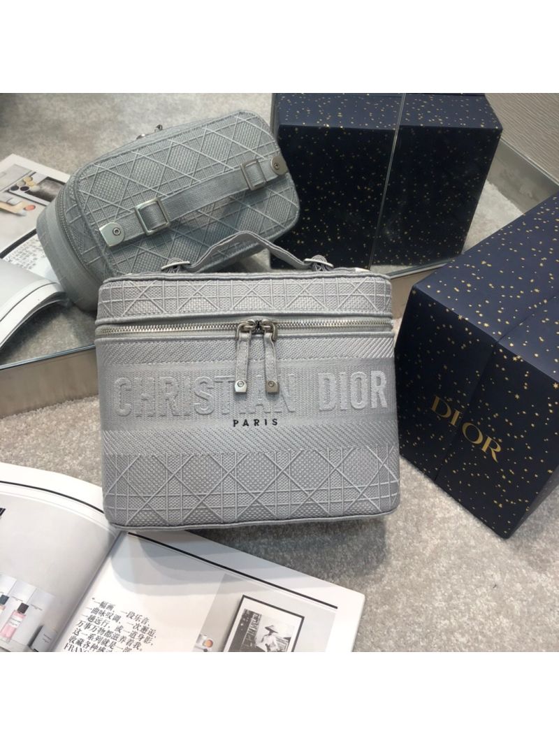 Dior Travel Vanity Bag Light Gray Cannage Embroidery S5417