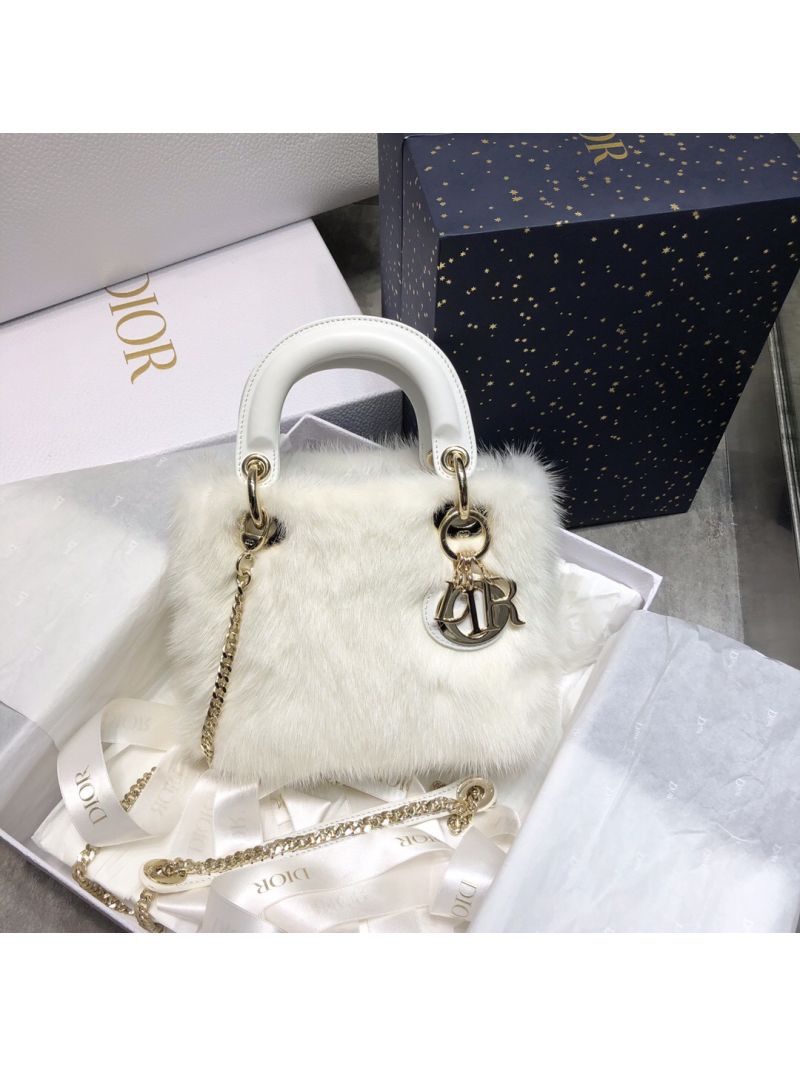 Dior Lady Dior Mink Fur Bag in Lambskin M5050S White