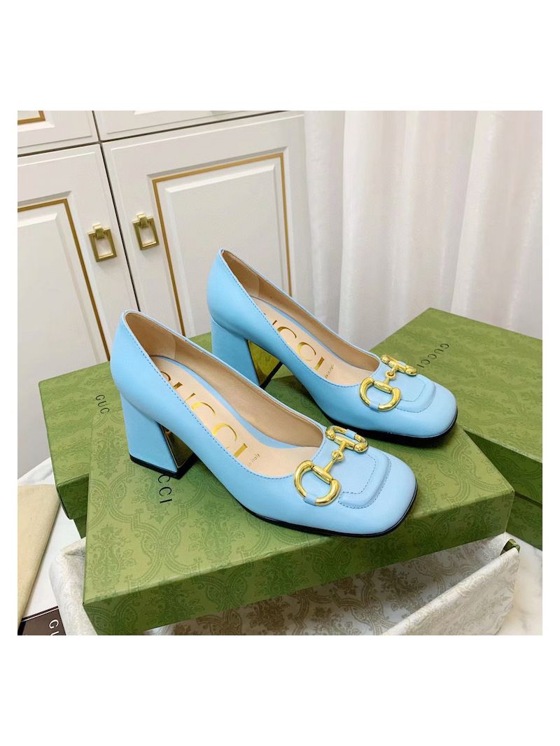 Gucci Women's Mid-heel Pump With Horsebit 643886 Blue