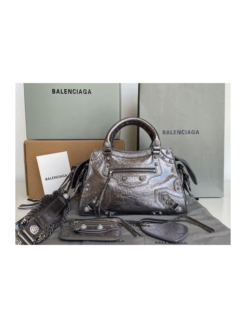 Balenciaga Neo Cagole XS Handbag in Metallic Silver Arena Lambskin with Rhinestones 700940