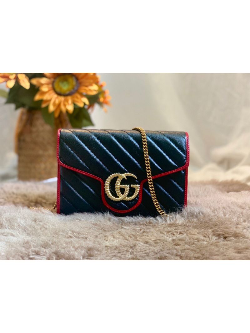 Gucci Torchon GG Marmont Wallet on Chain WOC 573807 with Diagonal Matelasse Black