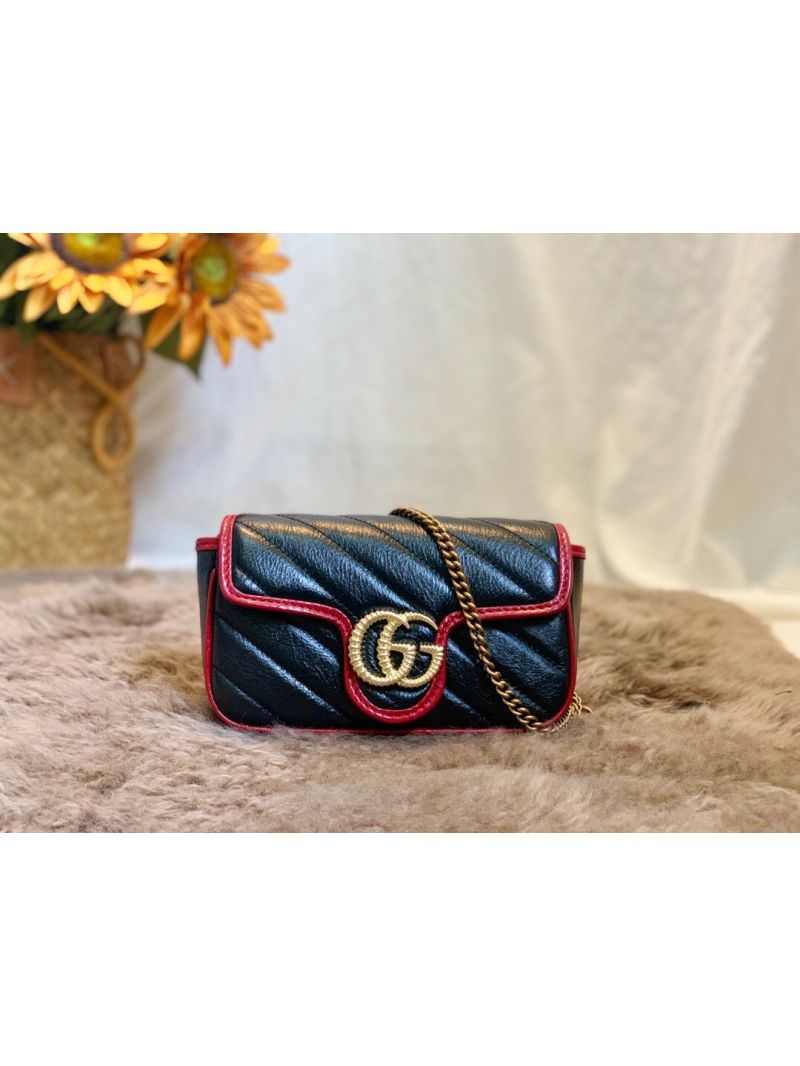 Gucci Torchon GG Marmont Super Mini Bag with Diagonal Matelassé Leather 574969 Black