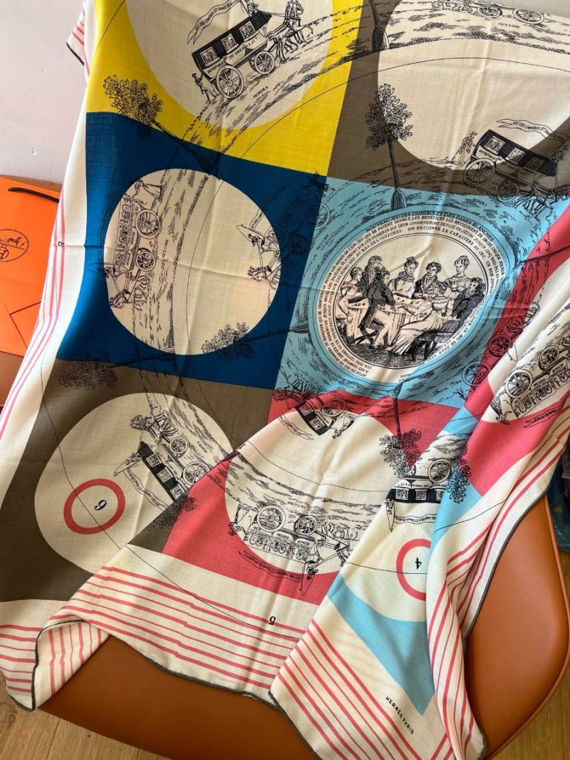 Hermes Jeu Des Omnibus Et Dames Blanches Au Tampon Silk Scarf 140 H673494S Rose Bleu