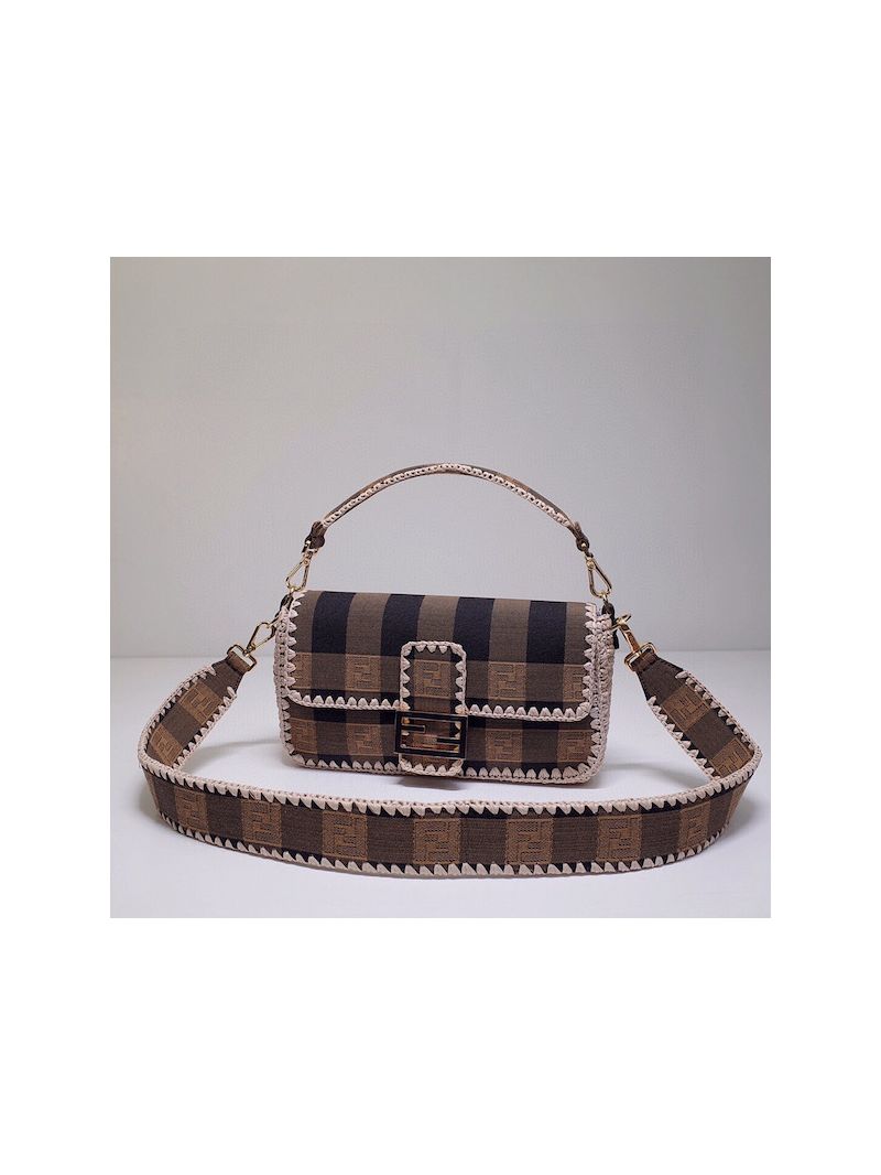 Fendi Medium Baguette Brown Fabric Bag With Vichy Pequin Pattern