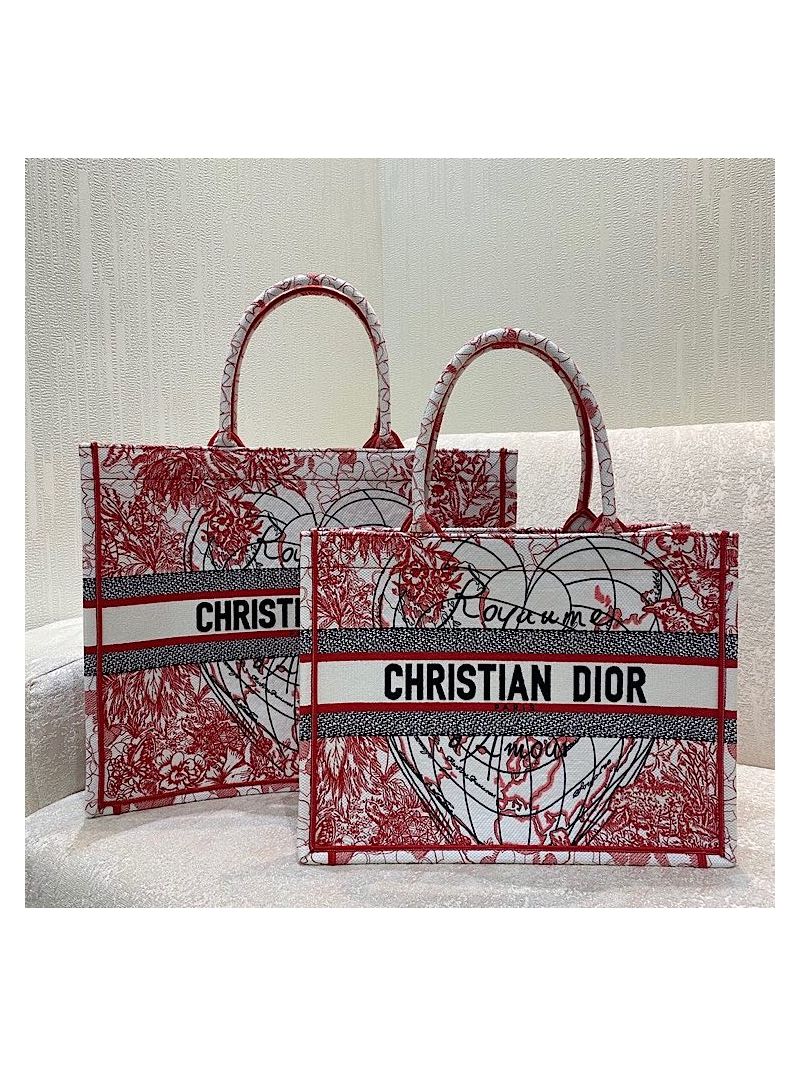 Dior Book Tote bag in Red and White D-Royaume d'Amour Embroidery