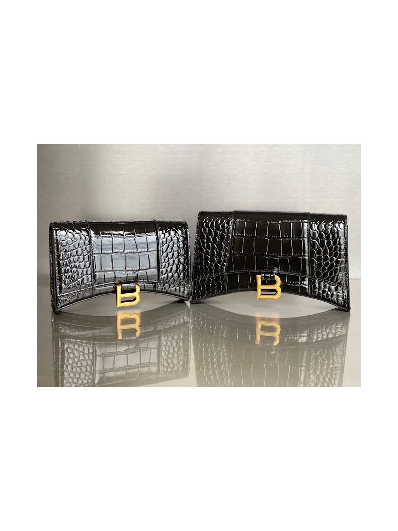 Balenciaga Hourglass Chain Bag in Shiny Crocodile Embossed Leather 6449731 Black