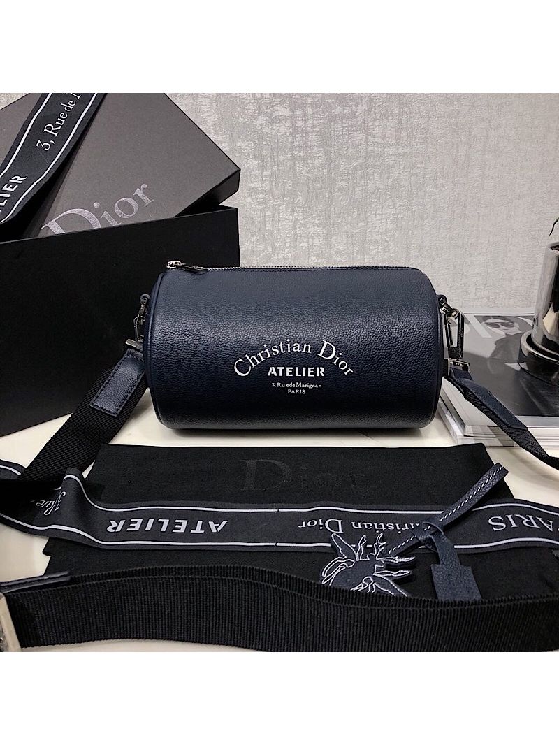 Dior Navy Blue Grained Calfskin "Roller" Pouch With "Atelier" Print