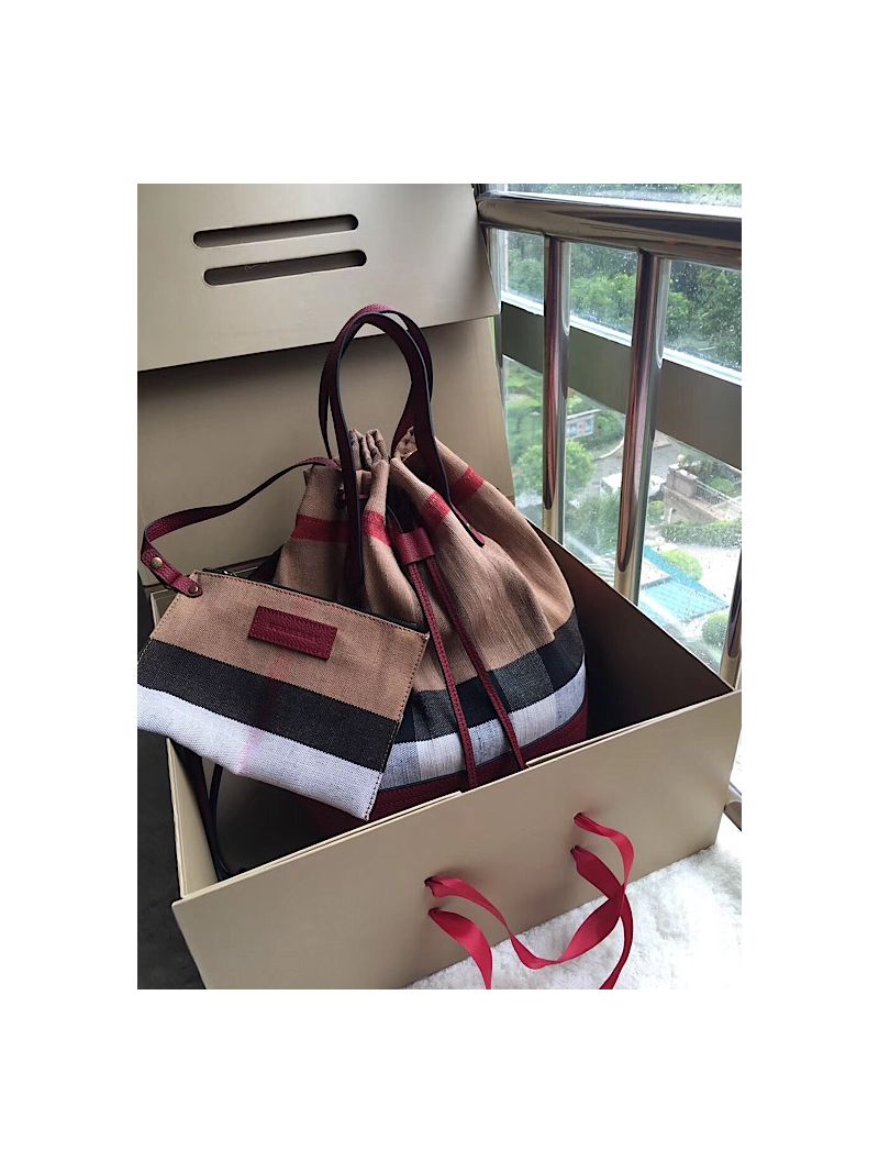 Burberry Medium Canvas Check and Leather Bucket Bag in wine red