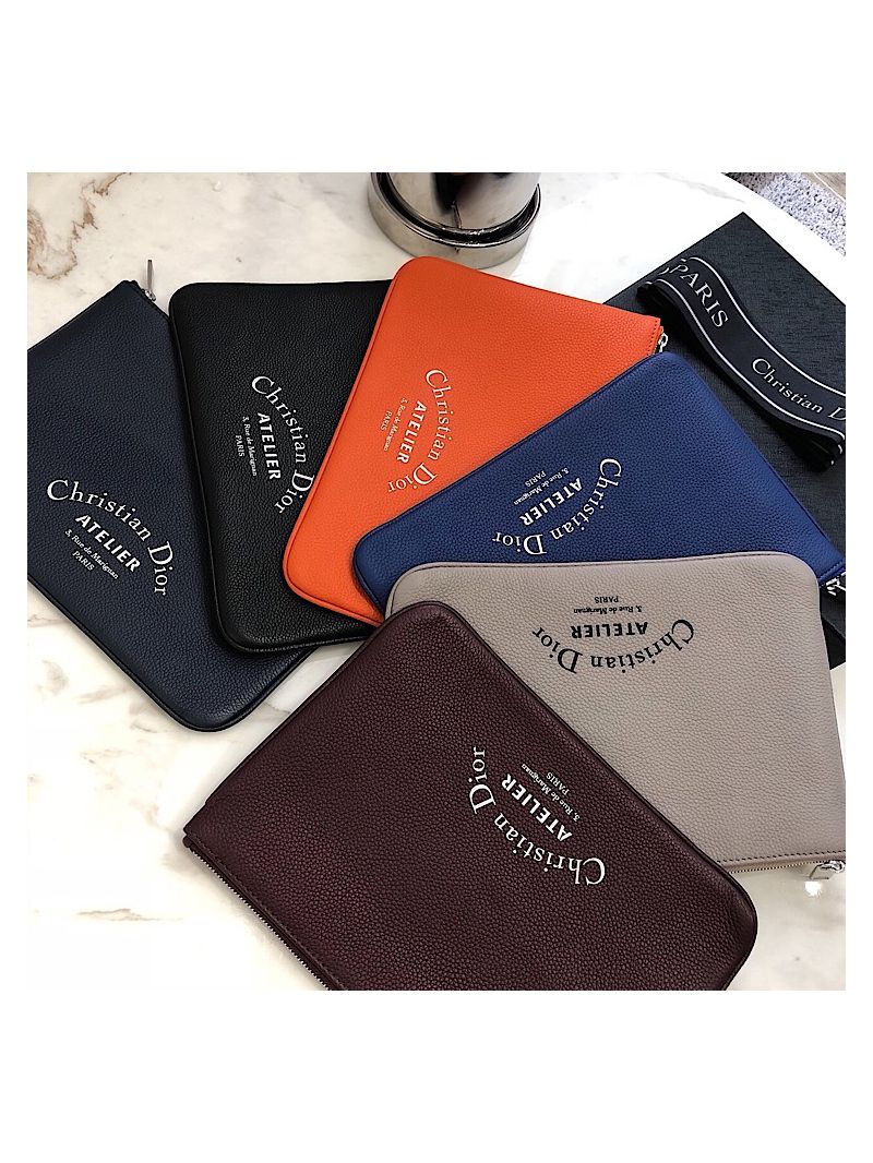 Dior Flat Pouch In Navy Blue Grained Calfskin